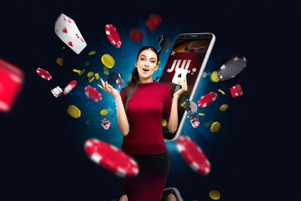 A young woman relaxing with her phone while dynamic casino elements float around her, illustrating the smooth mobile experience offered by the 5666BET app.