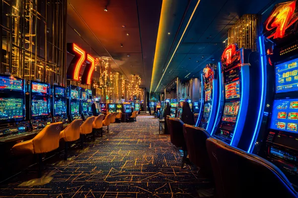 A stylish woman beside vibrant slot machines displaying glowing sevens, showcasing the variety of top slots at 5666BET.
